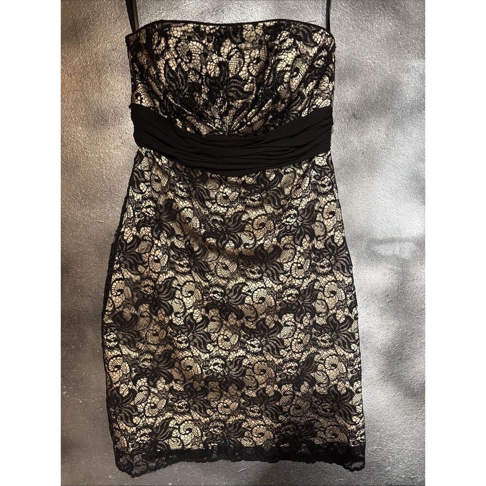 White House Black Market Dress Womens 4 Black Lace Overlay Strapless Elegant